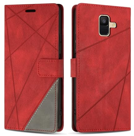 SONWO Handyhülle für Samsung Galaxy A6 2018 Hülle, Premium PU Leder Handyhülle Wallet Silikon Schutzhülle Klapphülle für Samsung A6 2018, Rot