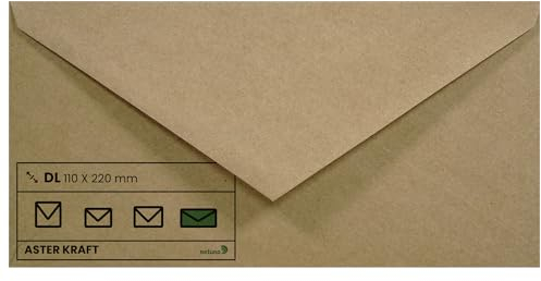 Netuno 100 Briefumschläge Kraftpapier Naturbraun DIN Lang 110 x 220 mm 110g Aster Kraft Briefhüllen Vintage Einladungs-Umschläge Hochzeit Weihnachten Geburtstag Ostern edle Kuverts Ökopapier