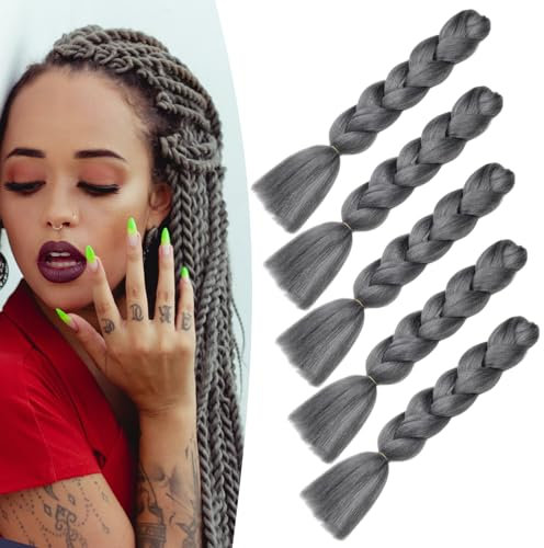 Dcbaboo Extensiones para Trenzas Africanas 60cm Pelo para Trenzas Africanas 5PCS Kanekalon Extensiones de Pelo Sintético para Trenzas Postizas Trenzado de Extensiones de Cabello 500g, Gris oscuro