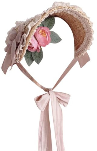 Besforta Girls Women Victorian Lolita Flat Bonnet Cap Tea Party Sun Hat Lace Bows Flower Ribbons Straw Hats Pink