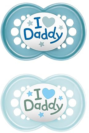 MAM Original Soothers | 18-36 Months | Pack of 2 | Comes in Dummy Steriliser Box | Sustainable Materials | Baby Accessories | Blue - I Love Daddy (Various Designs)