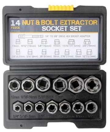 JrEam 14-teiliges Schlagbolzen- und Muttern-Entferner-Set mit Aufbewahrungskoffer. Beschädigter Bolzen-Mutter-Entferner, Ausdreher-Steckschlüssel-Werkzeug, Ausziehhülsen-Set