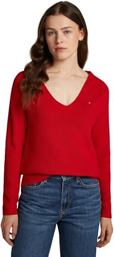 Tommy Hilfiger Donna Pullover Cardi Fine Scollo a V, Rosso (Primary Red), M