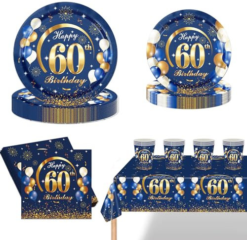 POPOYU 69Pcs 60th Birthday Party Tableware Navy Blue,60thBirthday Napkins Blue and Gold,60th BlueGold Table Cloth,60thBirthday Paper Plates and Cups for Men Women Birthday Gifts Party Supplies
