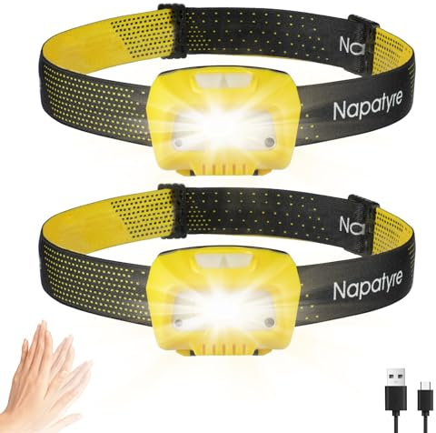 Napatyre Stirnlampe LED Wiederaufladbar, Superhell 6 Lichtmodi Kopflampe Stirnlampe mit Sensor und Rotlicht, IPX5 Wasserdicht Leicht Stirnlampen Perfekt für Wandern, Camping, Joggen (2 Stück)