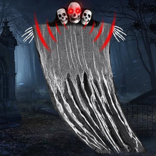 ZQEJEFD Halloween Deko Gruselig, Halloween Deko Geist 100 x 80 cm, Halloween Deko Gruselig Hexe Skelett mit Licht und Sound, Halloween Geist zum Aufhängen Halloween Dekoration Party Garten Spukhaus