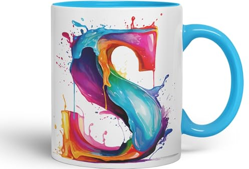 Vixar Letter S Mug, Alphabet Letter S Monogram Watercolour Ceramic Coloured Mug Cup for Tea Coffee Hot Brew 330ml 11Oz Gift (L Blue)