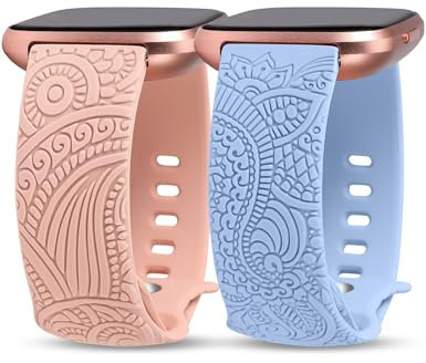TOYOUTHS 2 Stück Boho Floral Gravierte Armband kompatibel mit Fitbit Versa 2/Fitbit Versa/Versa Lite Armband Frauen Männer Weich Silikon Sport Loop Ersatzarmbänder für Versa 2, Pink/Hellblau