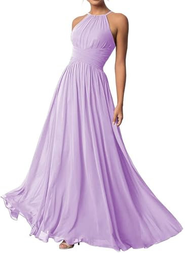Damen Neckholder Brautjungfernkleider Lang Chiffon Kleider Abendkleider, Flieder, 38
