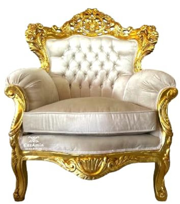 CasAmin Home & Living Sessel im Louis XV-Stil aus Beigem Samt, Sofasessel im Retro Barock Rokoko Stil mit Gold Finish für die Inneneinrichtung