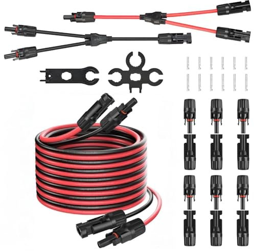 Solarkabel 4mm² Solarkabel Verlängerungskabel 5M, 6mm² Solarkabel Y-Verteiler,1 Paar Solarpanel 1Y2 10AWG Y Stecker PV Kabel, 6 Paar Solarstecker, 2 Werkzeug, IP67 PV Stecker Verlängerung(Rot/Schwarz)