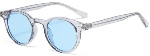 Long Keeper Vintage Small Runde Sonnenbrille Damen Herren Klassisch Unisex Stil Trendy Retro 70er Brille UV400 Schutz (Transparent Grau Blau)