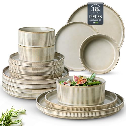 GBhome Steingut Geschirrset 6 Personen, 18-tlg Reaktive Glasur Handarbeit Steingut Geschirr Set, Mikrowellen- & Spülmaschinenfest Schüssel- und Teller Set,Cappuccino