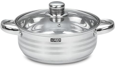 AKH HOUSEWARE Stock Pot Casserole Dish Cooking Pot with Lid 28cm 7.4 Litre Large Heavy Duty Stainless Steel Stockpot with Lid & Silver Mirror Coated Cookware (28CM)