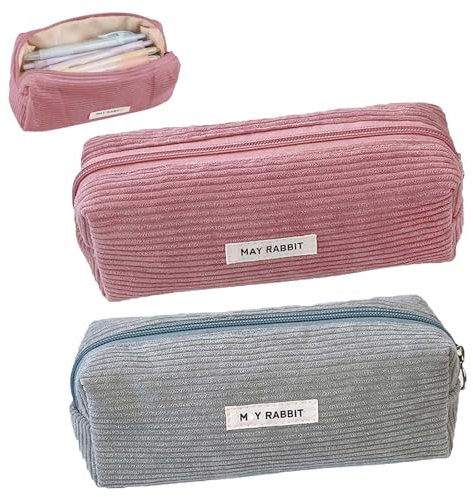 SHUOHONG 2 Pièces Trousse Scolaire Velours Côtelé Grande Capacité, Sac de Rangement Portable, Trousse à Crayons Zippée pour Fille Garçon (Gris+Rose)