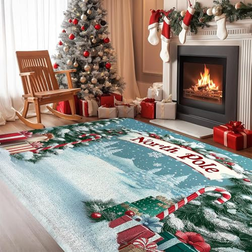 Sehr große Teppiche – maschinenwaschbare Teppiche für das Wohnzimmer Weihnachtsteppich mit Nordpol-Muster Kunstteppich mit kurzem Flor für Schlafzimmer Esszimmer Weihnachtsdorf-Teppich fürs Büro