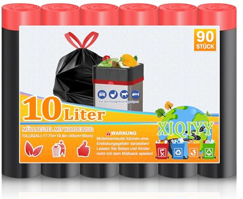 XIQIYY Müllbeutel 10L mit Zugband Kleine Müllsäcke Schwarz Mülltüten mit Tragegriff 90 Stück Blickdicht Abfallbeutel mit Kordelzug,für Büro,Wohnzimmer,Geeignet für 5L,8L,12L,15 Liter Mülleime
