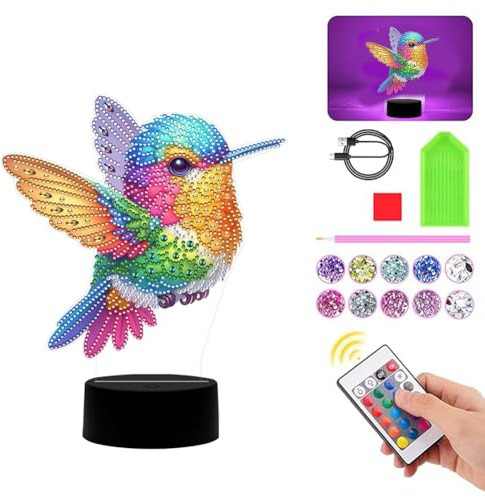 Demiawaking 5D Diamond Painting Nachtlicht Tiere Geschenk, Diamond Painting Lampe Bastelset, DIY Diamant Painting Tiere Nachtlicht 7 Farben Licht LED Nachttischlampe Tischlampe (Kolibri)