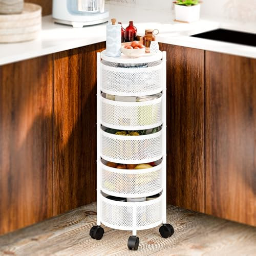 balurukt Cesta giratoria circular de 5 niveles, carrito de almacenamiento de cocina, estante giratorio para verduras, cesta de frutas y verduras, estante de almacenamiento grande con ruedas de 360