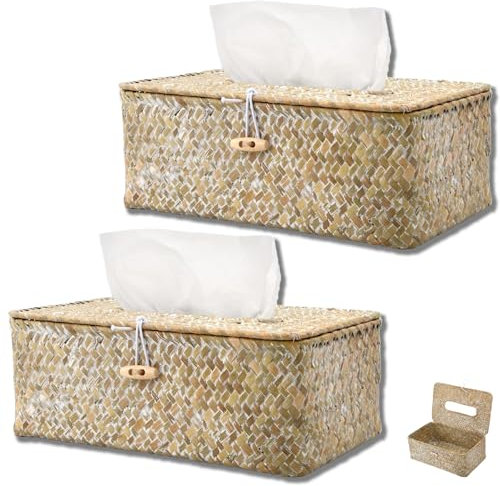 Seagrass Tissue Box, 2 Stück Tissue Box, Dekorativer Gewebter Papierhalter, Taschentuchspender, Gewebter Tissue Halter, Kosmetiktücher boxs, für Restaurant Wohnzimmer Schlafzimmer, Weiß Abwischen