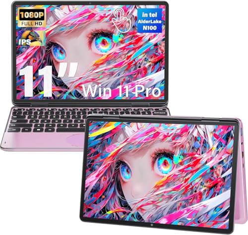 Fsjun 11 Pink 2-in-1 Touchscreen Laptop - Celeron N100, 16GB RAM, 1TB SSD, FHD IPS, Win 11 Pro, Backlit Keyboard, WiFi, Type-C, HDMI - Lightweight & Portable for Work, Study, and Entertainment