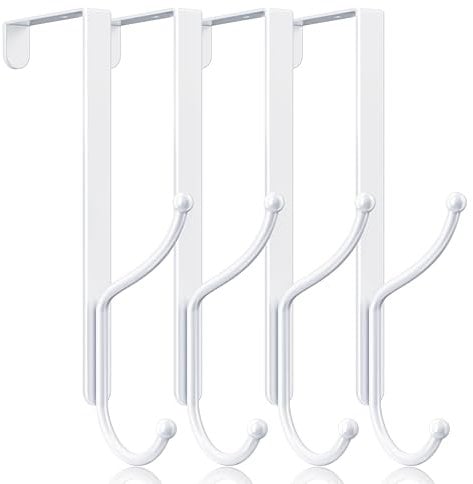 niffgaff Double Over Door Hook 4 Hooks Heavy Duty Metal Hanger for Coat Towel Bag Robe with Anti-Scratch Pads Fits Doors Up to 1-3/4 Inch Thick White 4-Pack