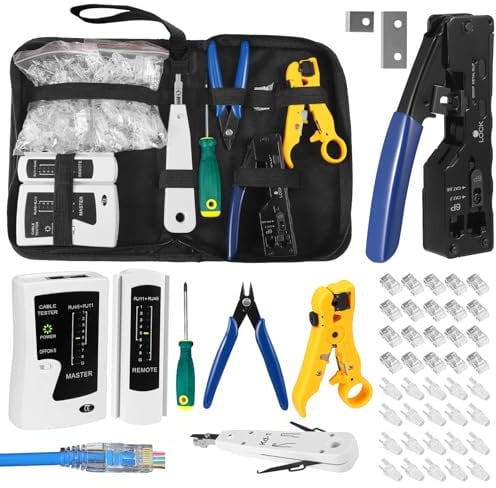 RJ45 Crimp Tool Kit, Ethernet Crimping Tool Kit for Pass Through RJ45 Connectors with 50 PCS Cat 6 Connectors, Network Cable Tester Wire Stripper and Wire Cutter, CAT5 Cat5e Cat6 Crimping Tool Kit