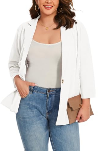 LADI TREND Lightweight White Blazer Jacket with 3/4 Sleeves for Plus Size Women Business Casual Suit yelwhitelow (White 3XL)