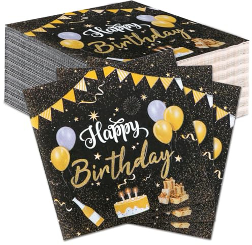 Komoke 60 Stück Servietten Schwarz Gold - Elegante Happy Birthday Servietten für Damen & Herren - Premium Servietten Geburtstag (33x33 cm) - Luxus Tischdeko & Happy Birthday Deko
