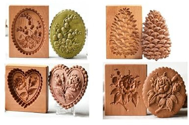 Juego de moldes de madera tallada para galletas de jengibre, moldes 3D para hornear con sello de rosa para galletas y chocolate (4 piezas) (A)
