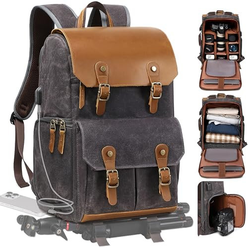 Padwa Lifestyle Black Gray Camera Backpack - Weather Resistant Waxed Memory Canvas Camera Backpacks for Photographers,Multi DSLR SLR Camera Bag with 16” Laptop & Lens Compartment and Tripod Holder