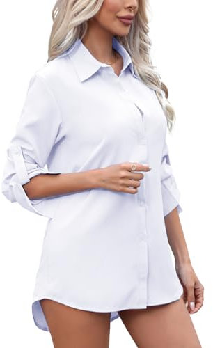 White Shirts for Women Button Down Oversized Womens Shirts Long Sleeve Ladies White Shirt Business Longline Casual Blouse Top (XL)