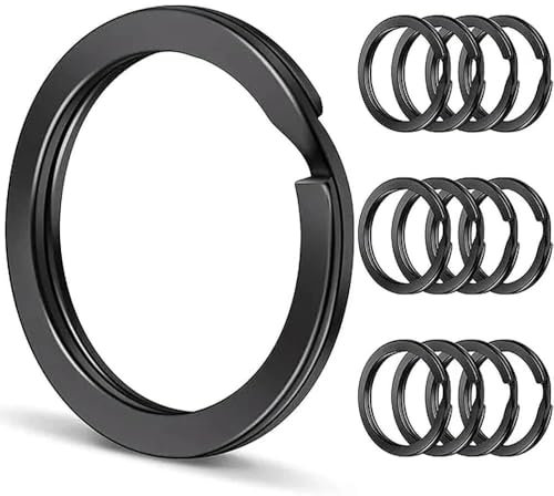 Porte-clés 25 mm - Noir - Anneaux fendus plats en acier inoxydable - Pour clés de maison, bricolage, voiture, artisanat