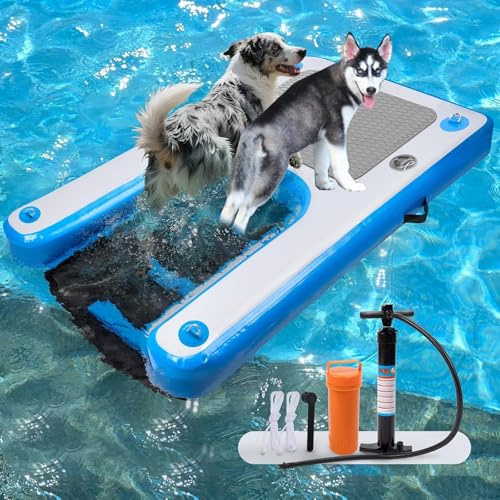 Rampe d'eau Gonflable pour Chien Rampe de piscine Blue Dog Boat - 150 cm (L) x 100 cm (l), échelle flottante antidérapante for chiens jusqu'à 100 kg avec accessoires, for piscines, lacs, bateaux et qu