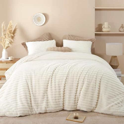 Lanqinglv Flauschig Bettwäsche 200x200 cm Weiß Gestreift,Plüsch Kunstfell Flanell Winterbettwäsche Warm Kuschelig Cashmere Touch Bettbezug mit Reißverschluss und 2 Kissenbezug 80x80cm