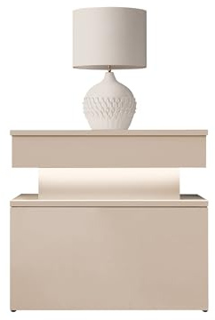 Mirjan24 Nachttisch Serkuzo Bis mit 1 Schublade, weißer LED (Wüstensand) | Griffloser Nachttisch mit Push-to-open-System, Kugelgleitschienen und Antirutschfüßen, B/H/T: 55/51/39 cm