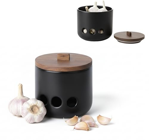KOOK TIME Tarro para Ajos de Cerámica CURVE - Bote de Cocina con Tapa de Madera de Acacia y Ventilación. Recipiente para Conservar Ajos Frescos y Sin Olores. 11.5 x 12 cm.- Negro mate