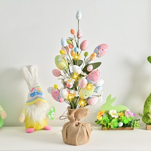 Osterdeko Baum Lichter, LED Osterbaum Licht Ostern Deko Baum mit LED Lichterkette Lichterbaum mit Bunt Ostereier Künstliche Frühling Deko led Baum Innen Batteriebetrieben für Frühlingsdeko Oster (F)
