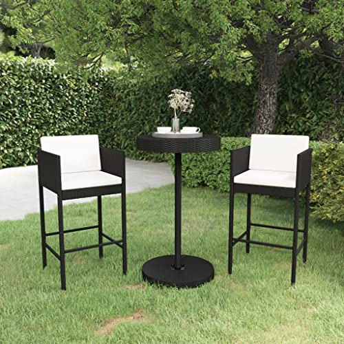Hoopleep Ensemble de bar de jardin 3 pièces avec coussins, table de bar ronde et 2 chaises en polyrotin noir, résistant aux intempéries, pour terrasse et meubles de salle à manger