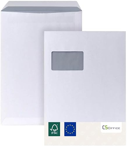MADE IN GERMANY 100 Briefumschläge C4 haftklebend mit Fenster CS Webkontor - Umschläge aus 100 g/m² Kraftpapier - C4 Umschlag in weiß für Briefe, Geschäftspost, tägliche Korrespondenz, Mailings usw.