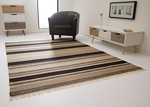 Kelim Palas Teppich Handgewebt aus feinster Wolle Streifen in Braun, Größe: 120x170 cm