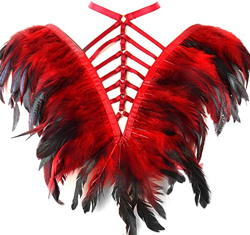 BBOHSS Damen Feder Body Harness Punk BH Gothic Riemchen Geschirr Flügel Burning Man Plus Size Frauen Zubehör (Weinrot)