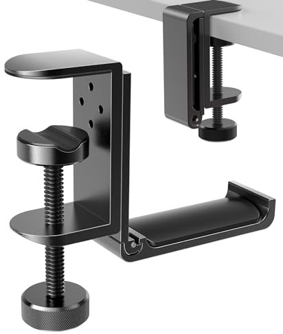 APPHOME Foldable Headphone Stand Hanger Holder, Space-Saving Aluminum Soundbar Stand with Universal Fit for Gaming PC Accessories, Under Desk Clamp Hook Mount (Black-1PC)