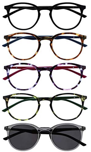 OPULIZE Met 5 Pacco Occhiali Da Lettura Con Lettore Sole Giro Nero Marrone Porpora Verde Grigio Uomo Donna RRRRS60-12567 +1,50