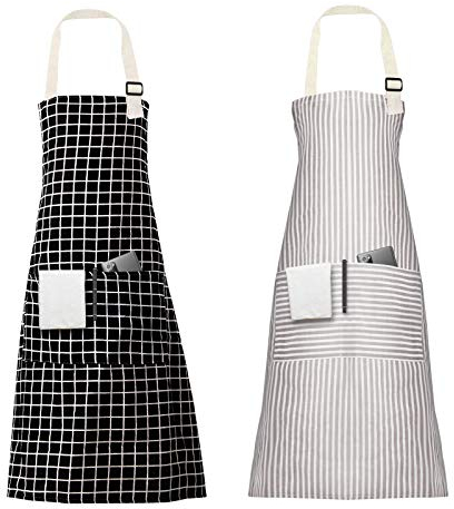 Vicloon Schürze, 2 Pack Kochschürze mit Zwei Taschen und Verstellbarem Nackenband, aus Baumwoll-und Leinenstoff, Machine-Washable, Latzschürze für Küche, Kochen, Backen (Beige/Schwarz)