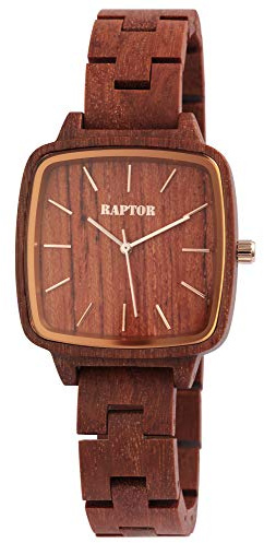 Raptor Damen-Uhr Holz eckig Natur Faltschließe Datum Analog Quarz RA10213 (Padoukholz)