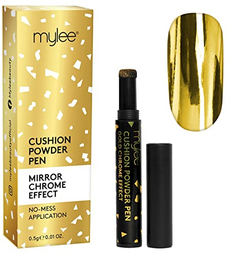 Mylee Air Cushion Chrome Powder Pen - Gold Holographic Nail Powder Decoration, Shiny Metallic Mirror Effect - Long Lasting, DIY Nail Art, Manicure Tool