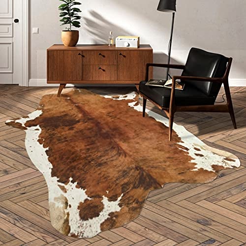 DweIke Premium-Teppich aus Kuhfellimitat, 1,9 x 1,6 m, Tierfell-Teppich, geeignet für Schlafzimmer, Wohnzimmer, westliche Dekoration, Teppiche für Esszimmer, Büro, Tierhaut, Braun