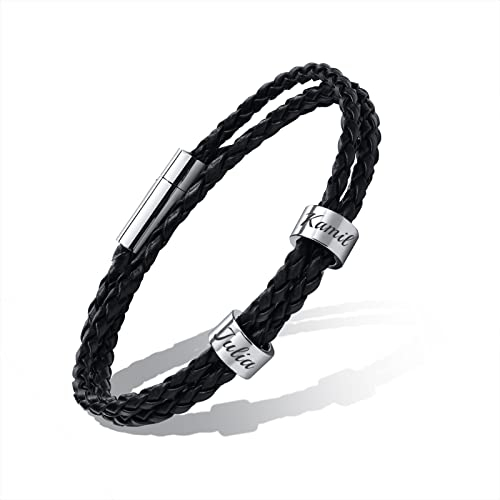 Personalisierte Namen Perlen Armbänder - Benutzerdefinierte Unisex Dreifach Wrap Geflochtene Leder Armbänder Individuelles Initial Edelstahl Charm Armband Für Familie Freund, Gravur 3 Namen ID Armband
