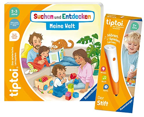 tiptoi Ravensburger Set: Suchen und Entdecken - Meine Welt (Kinderbuch) + 00110 Stift mit Wimmelkarte, Lernspielzeug für Kinder